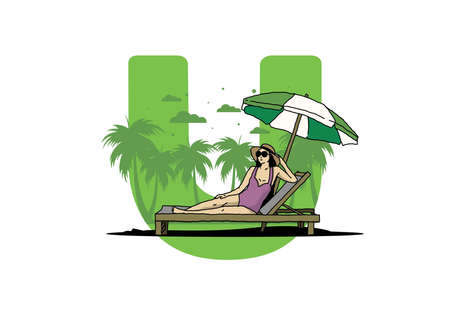Relax on the beach chair under the umbrella illustration designのイラスト素材