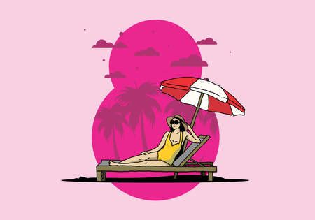 Relax on the beach chair under the umbrella illustration designのイラスト素材