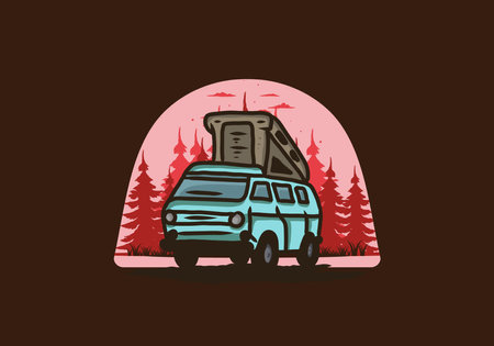 Camping van in the jungle illustration designのイラスト素材