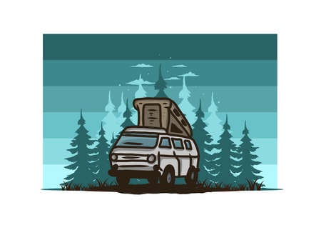 Camping van in the jungle illustration designのイラスト素材