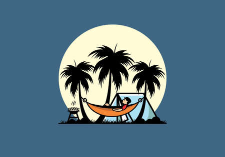 Tent and hammock with coconut trees illustration designのイラスト素材