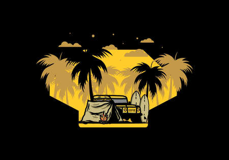 Camping on the beach with off road car illustration designのイラスト素材
