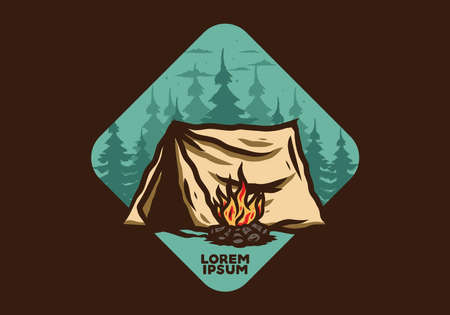 Forest camping with bonfire illustration badge designのイラスト素材