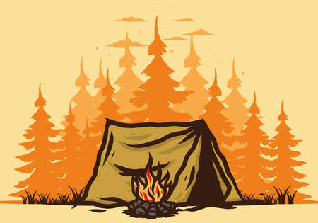 Forest camping with bonfire illustration badge designのイラスト素材