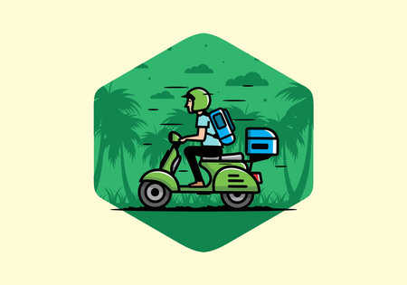 Man goes on vacation riding scooter illustration designのイラスト素材