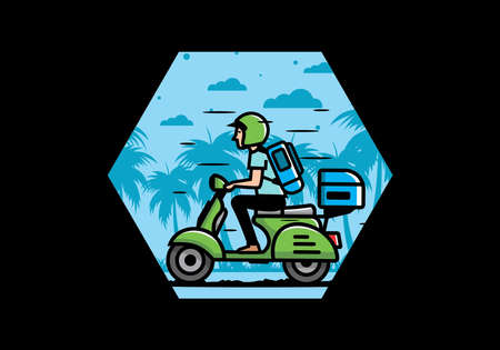 Man goes on vacation riding scooter illustration designのイラスト素材