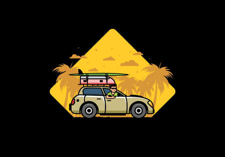 illustration design of a man riding a car for vacationのイラスト素材