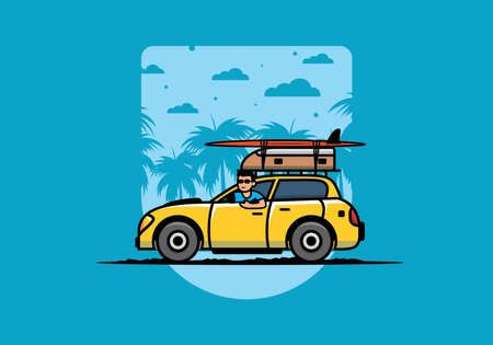 illustration design of a man riding a car for vacationのイラスト素材