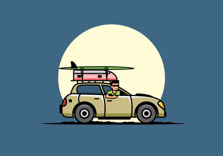 illustration design of a man riding a car for vacationのイラスト素材