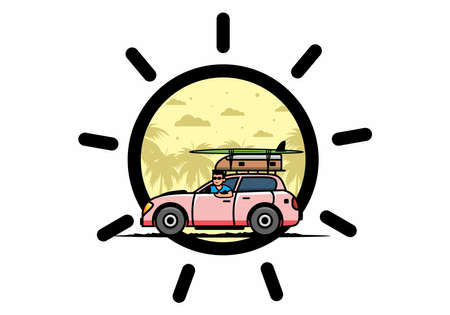 illustration design of a man riding a car for vacationのイラスト素材