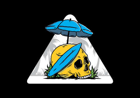 illustration design of skull with surfing board under beach umbrellaのイラスト素材