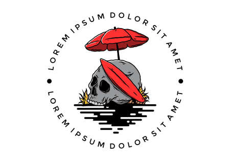 illustration design of skull with surfing board under beach umbrellaのイラスト素材