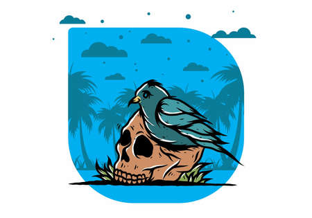 Bird nesting in skull illustration designのイラスト素材