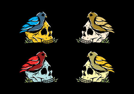 Bird nesting in skull illustration designのイラスト素材