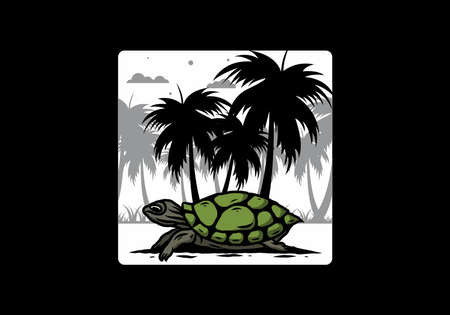 Sea turtle under the coconut tree illustration designのイラスト素材
