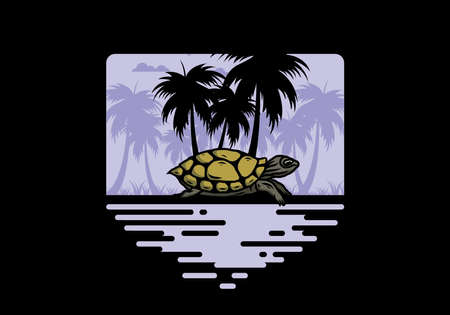 Sea turtle under the coconut tree illustration designのイラスト素材