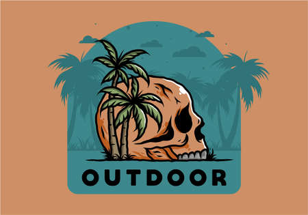 Skull skeleton head under coconut trees illustration designのイラスト素材