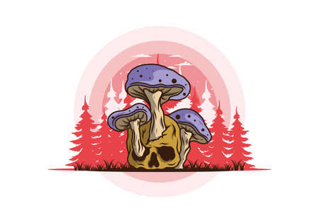 Mushroom growing on human skull illustration design in vintage colorsのイラスト素材