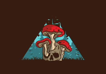 Mushroom growing on human skull illustration design in vintage colorsのイラスト素材