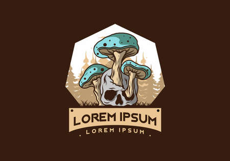 Mushroom growing on human skull illustration design in vintage colorsのイラスト素材