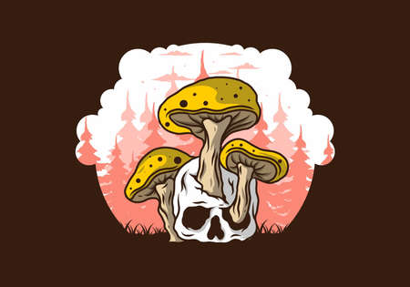 Mushroom growing on human skull illustration design in vintage colorsのイラスト素材