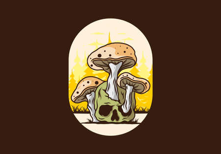 Mushroom growing on human skull illustration design in vintage colorsのイラスト素材