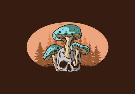 Mushroom growing on human skull illustration design in vintage colorsのイラスト素材