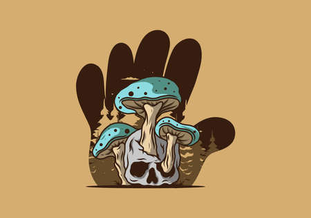 Mushroom growing on human skull illustration design in vintage colorsのイラスト素材