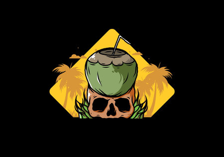 Coconut drink on human skull illustration designのイラスト素材