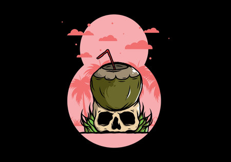 Coconut drink on human skull illustration designのイラスト素材
