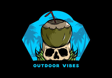 Coconut drink on human skull illustration designのイラスト素材