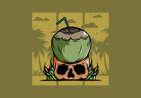 Coconut drink on human skull illustration designのイラスト素材