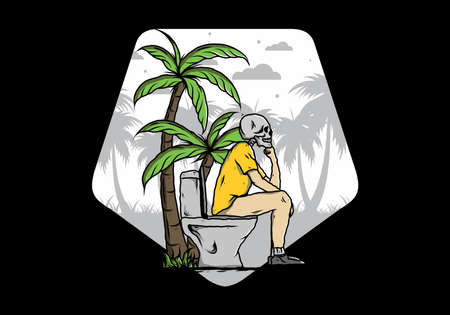 Skeleton man sit on outdoor toilet illustration drawing designのイラスト素材