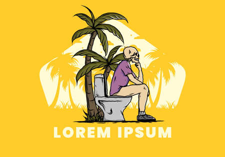 Skeleton man sit on outdoor toilet illustration drawing designのイラスト素材