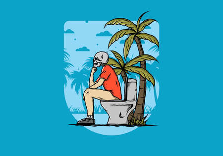 Skeleton man sit on outdoor toilet illustration drawing designのイラスト素材