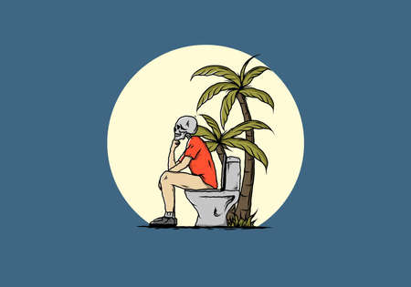 Skeleton man sit on outdoor toilet illustration drawing designのイラスト素材