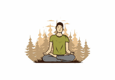 Colorful illustration design of a someone doing yoga and meditating outdoors in a forest in nature among pine treesのイラスト素材