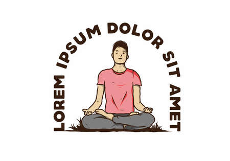 Colorful illustration design of a someone doing yoga and meditating outdoors in a forest in nature among pine treesのイラスト素材