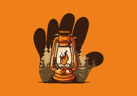 Colorful vintage outdoor lantern with fire flame between pine trees illustration designのイラスト素材