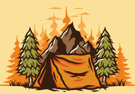 Illustration of the camping tent in front of the mountain and between pine treesのイラスト素材