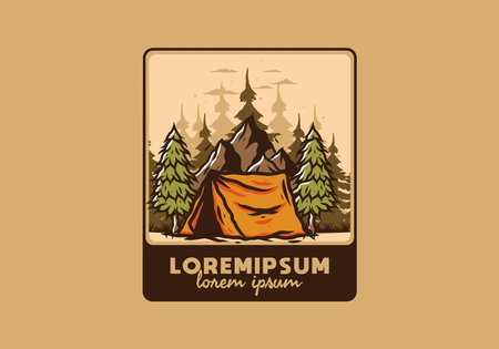 Illustration of the camping tent in front of the mountain and between pine treesのイラスト素材