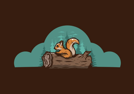 Lonely squirrel hiding in a dead tree trunk illustration designのイラスト素材