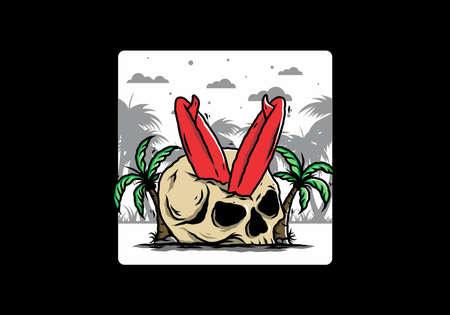 Colorful illustration design of a surfing board stuck in human skull between coconut treesのイラスト素材
