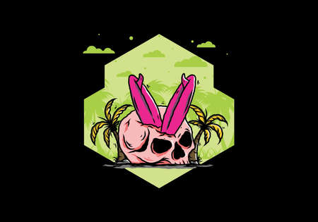 Colorful illustration design of a surfing board stuck in human skull between coconut treesのイラスト素材