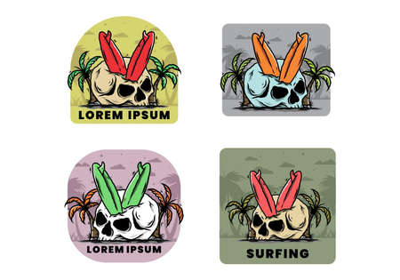 Colorful illustration design of a surfing board stuck in human skull between coconut treesのイラスト素材