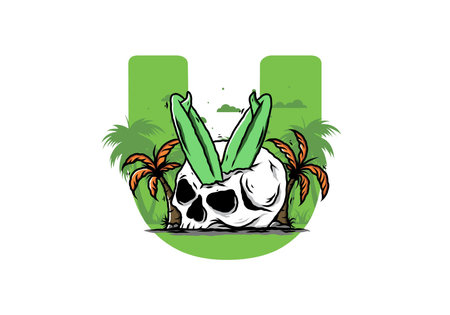 Colorful illustration design of a surfing board stuck in human skull between coconut treesのイラスト素材