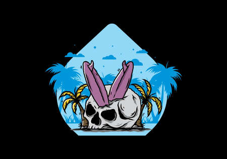 Colorful illustration design of a surfing board stuck in human skull between coconut treesのイラスト素材
