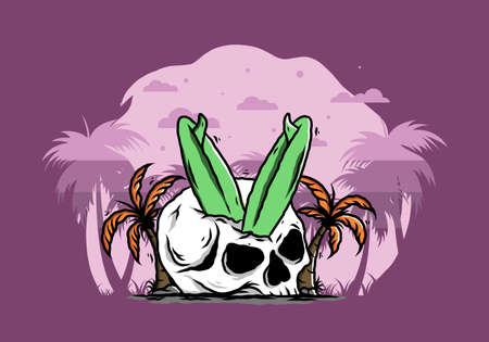 Colorful illustration design of a surfing board stuck in human skull between coconut treesのイラスト素材