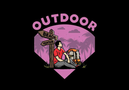 Illustration of a man sit on the ground beside the way sign beach and mountainのイラスト素材