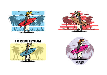 Illustration of the Cute penguin carrying a surfboard between coconut treesのイラスト素材